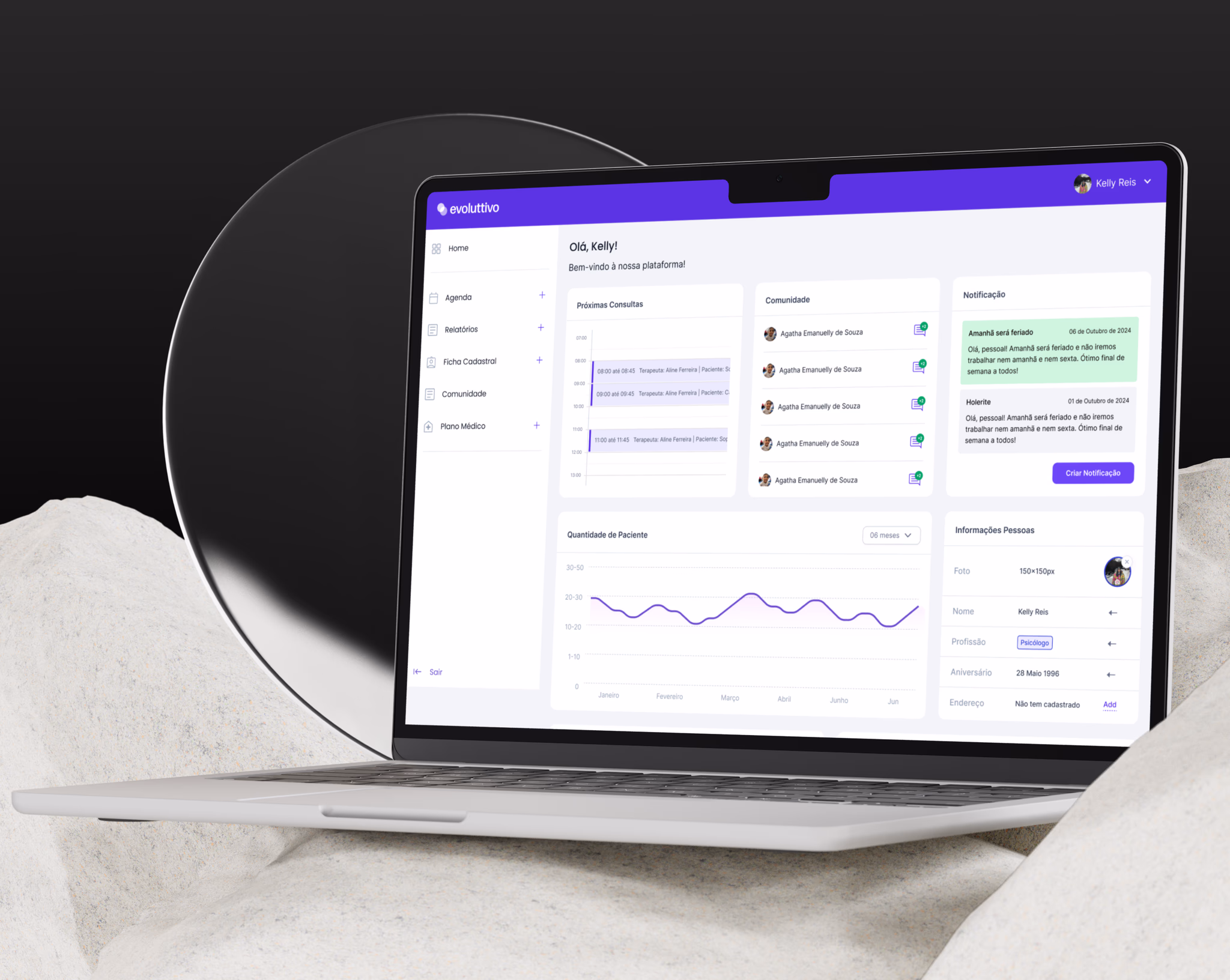 Dashboard do sistema SaaS Evoluttivo para clínicas terapêuticas — case de UI Design