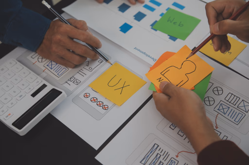 Affinity map com post-its de pesquisa — serviço de UX Design e Discovery