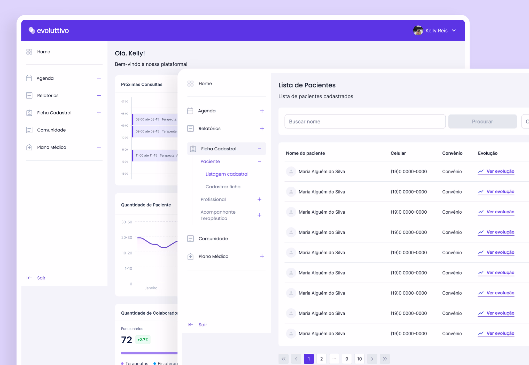 Telas do sistema de gestão Evoluttivo — UI Design de plataforma SaaS